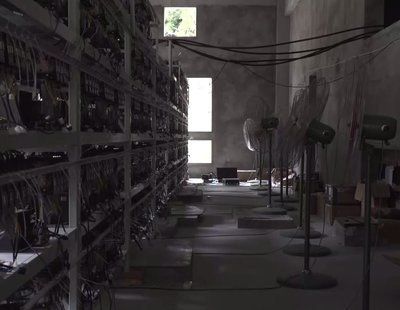 A sprawling cryptocurrency mining farm with rows of illuminated mining rigs operating continuously